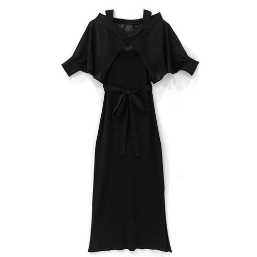 GRL 薄纱开衫X带蝴蝶结的针织吊带连衣裙 黑色 S 品番:rut915(一件包邮)